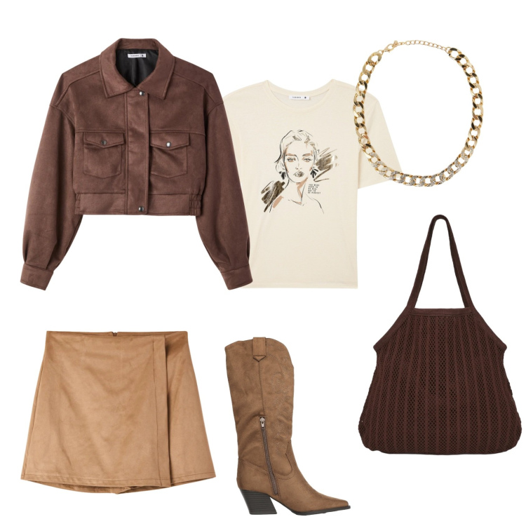 Outfit donna - Country house.. Stile Urban per Tutti i giorni. Abbinamento con t-shirt, collane, minigonne, stivali, shopping bag, bomber.