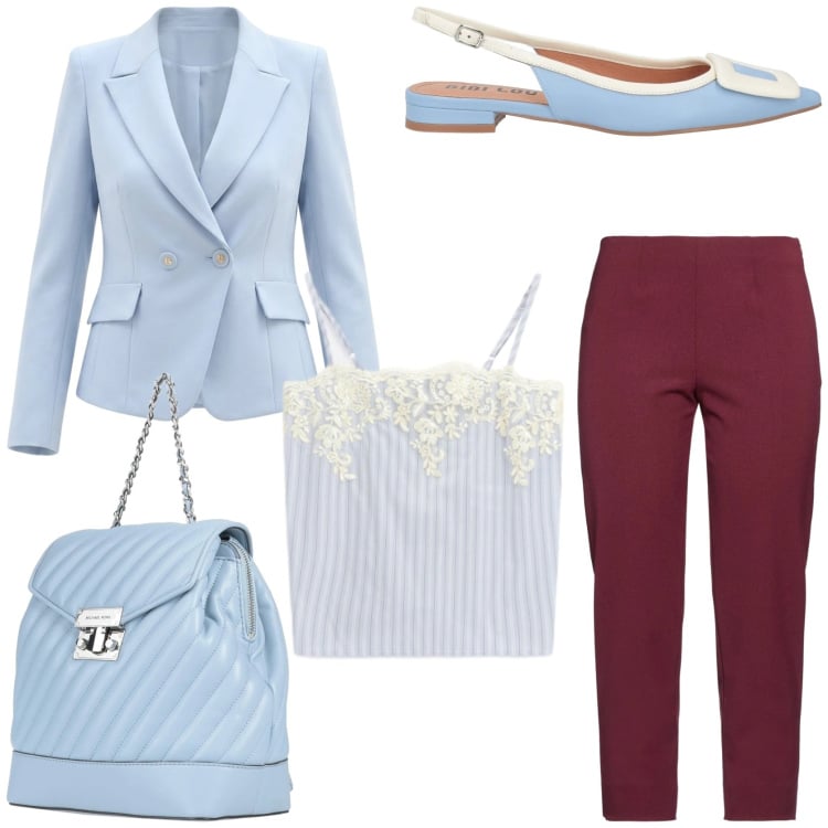 Outfit donna - Contrasto di colori. Stile Chic per Tutti i giorni. Abbinamento con zaini, ballerine, pantaloni, top, blazer.