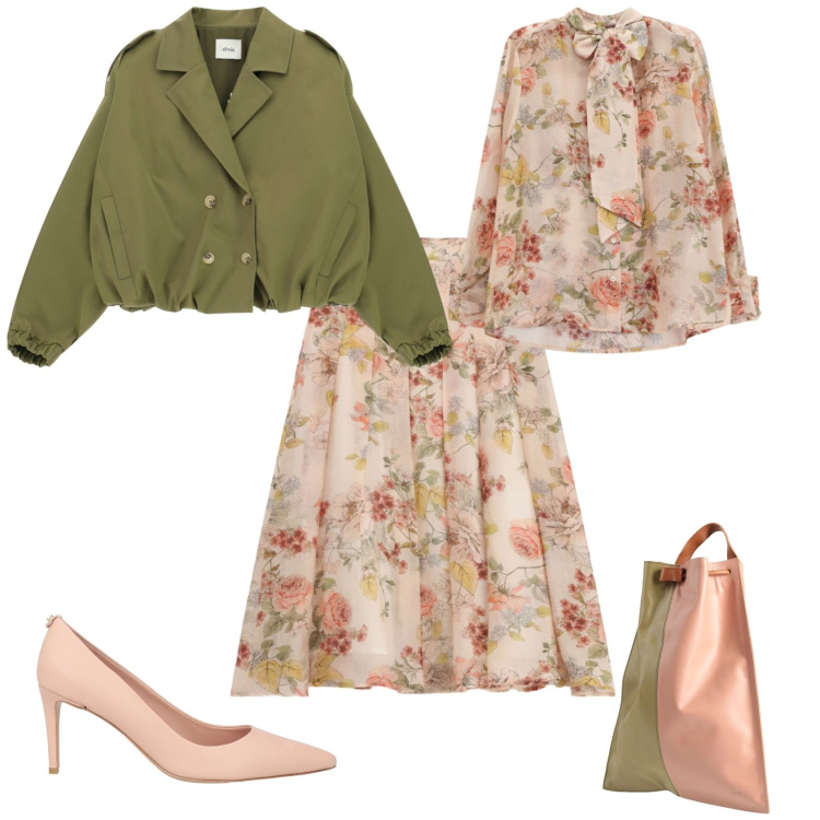 Outfit donna - Romantica ogni giorno. Stile Casual chic per Tutti i giorni. Abbinamento con décolleté, zaini, camicie, gonne lunghe, bomber.