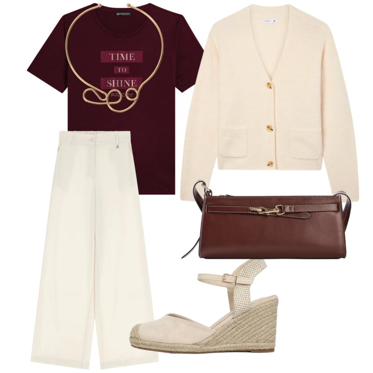 Outfit donna - Colori chiari. per Tutti i giorni. Abbinamento con borse a tracolla, cardigans, zeppe, pantaloni a palazzo, collane, t-shirt.