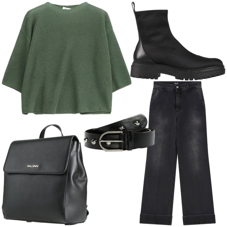 Outfit donna - Minimal in ufficio. Stile Casual per Ufficio. Abbinamento con zaini, stivaletti, cinture, jeans, maglieria.