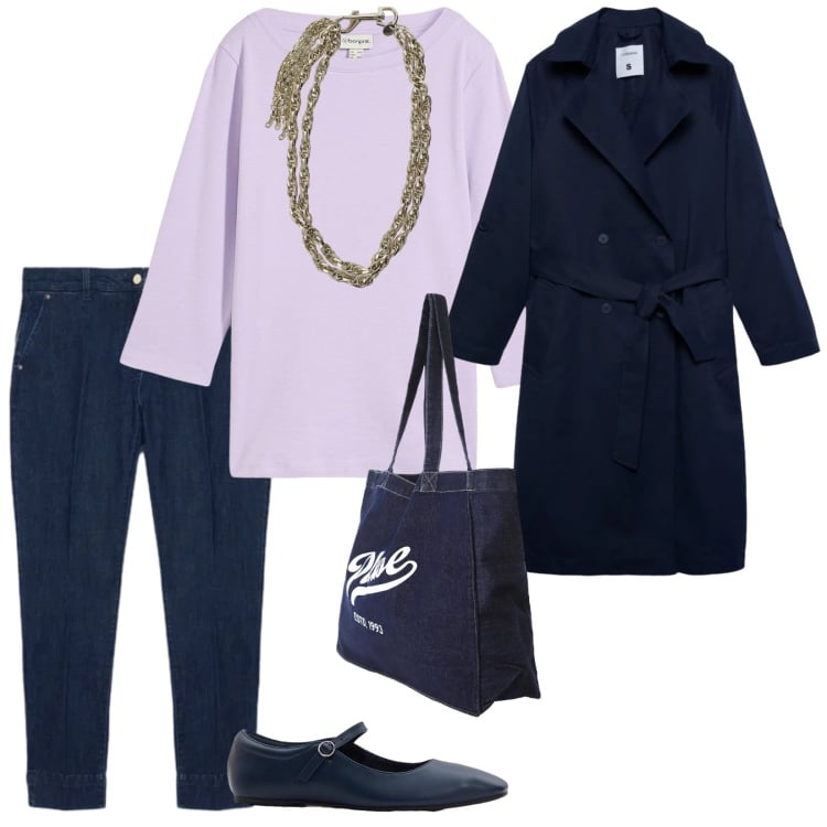 Outfit donna - Di giorno. per Tutti i giorni. Abbinamento con maglieria, ballerine, trench, jeans, collane, shopping bag.