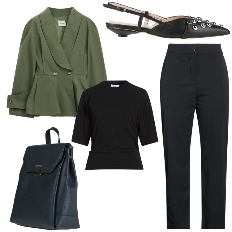 Outfit donna - Il trench verde. Stile Casual chic per Tutti i giorni. Abbinamento con zaini, pantaloni, ballerine, t-shirt, blazer.