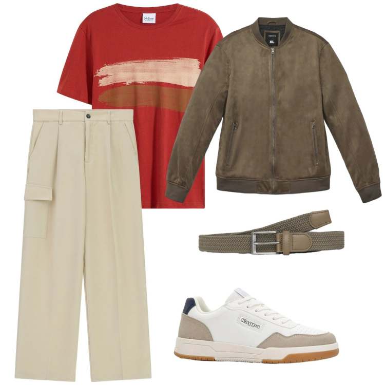 Outfit uomo - Primavera. per Tutti i giorni. Abbinamento con t-shirt, sneakers, pantaloni cargo, cinture, giacche.
