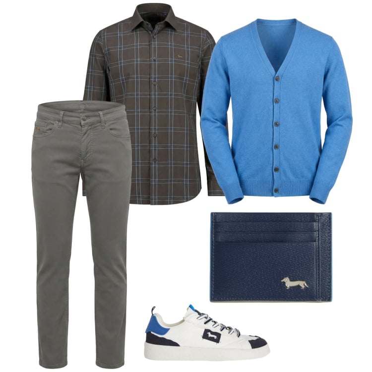 Outfit uomo - Azzurro. per Serata speciale. Abbinamento con sneakers, camicie, pantaloni, portafogli, cardigans.