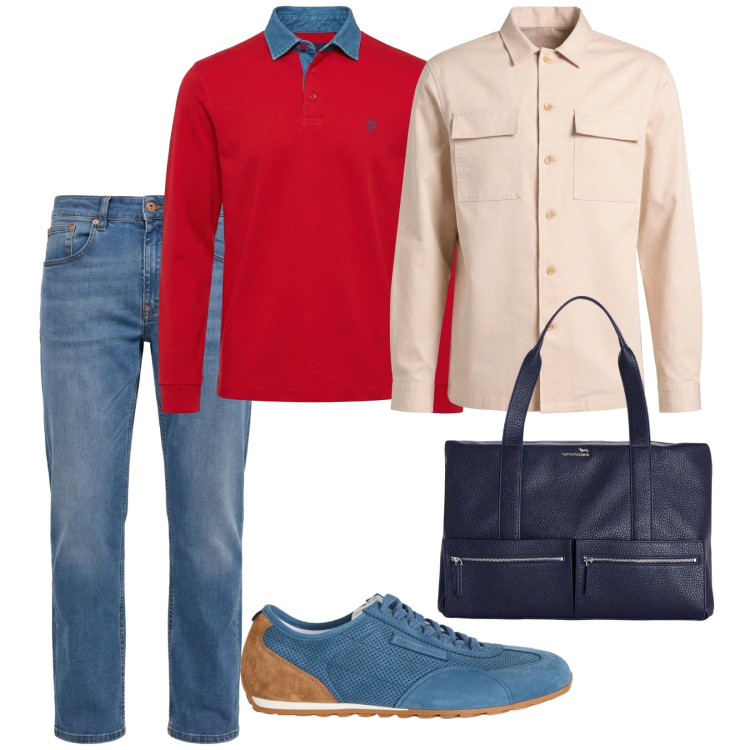 Outfit uomo - A lavoro fuori. per Ufficio. Abbinamento con sneakers, polo, jeans, cappotti, borse sportive.