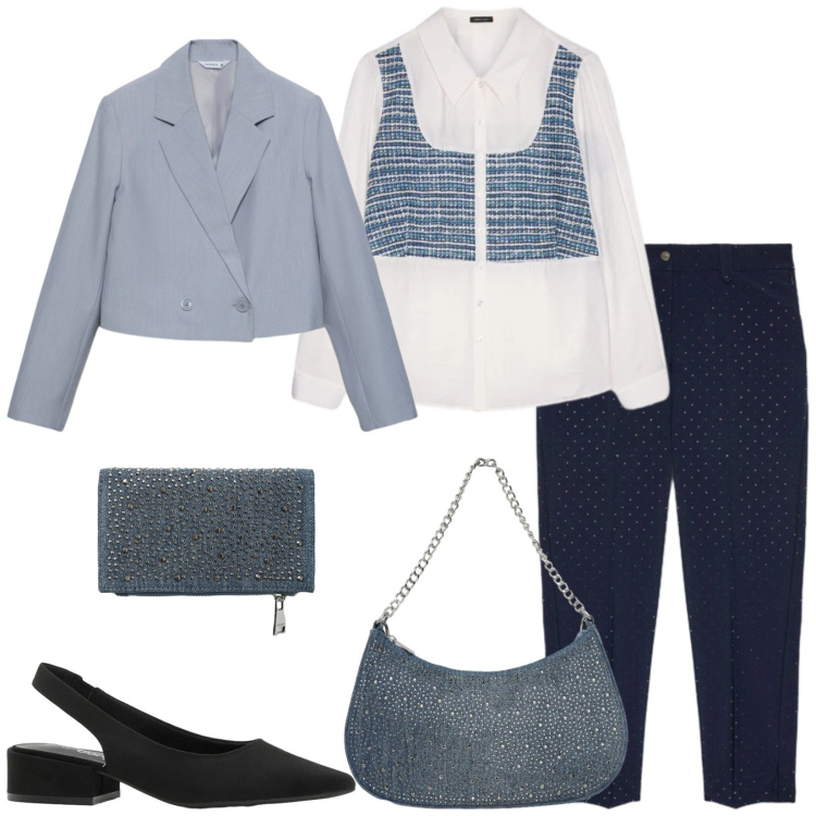 Outfit donna - Total look #2361335. Stile Chic per Serata fuori. Abbinamento con décolleté, blazer, portafogli, borse a tracolla, camicie, pantaloni.