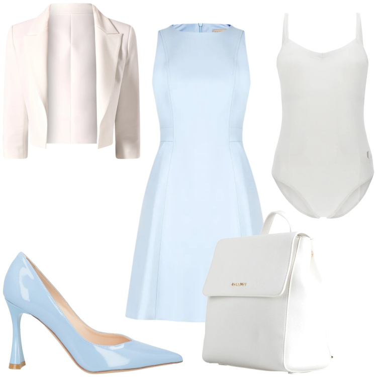 Outfit donna - Cerimonia in chiaro. Stile Glamour per Cerimonia. Abbinamento con zaini, décolleté, body, vestiti corti, blazer.