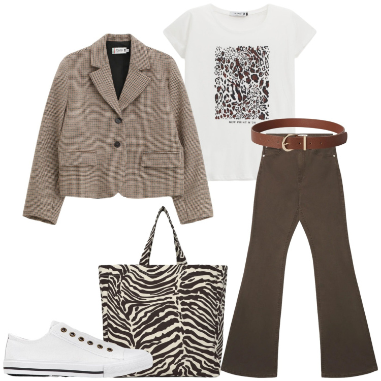 Outfit donna - Total look #2361347. Stile Casual chic per Tutti i giorni. Abbinamento con sneakers, cinture, jeans a zampa, shopping bag, t-shirt, blazer.