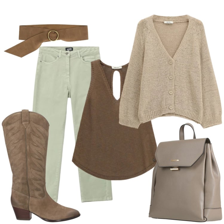 Outfit donna - Soft skill. Stile Urban per Tutti i giorni. Abbinamento con stivali, zaini, jeans dritti, cinture, cardigans, top.