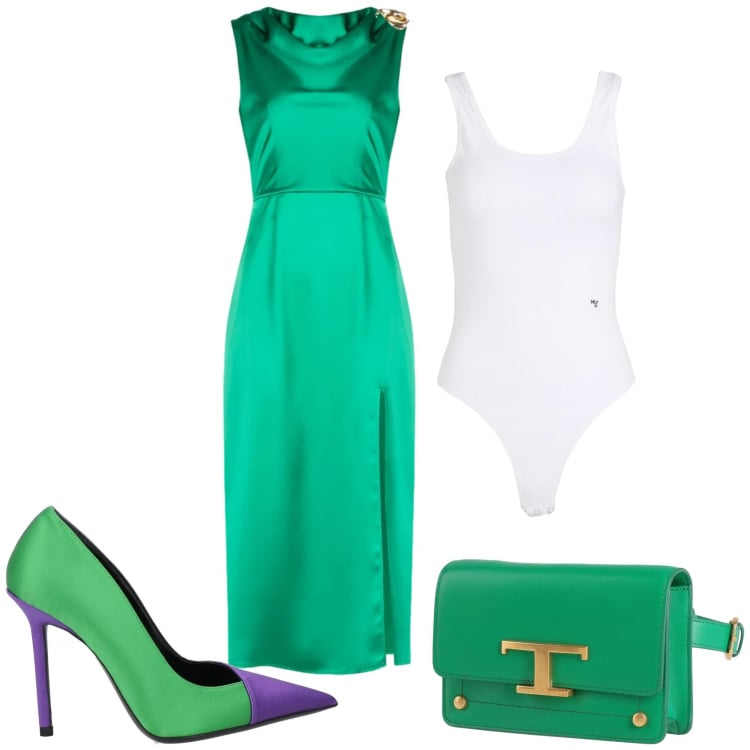 Outfit donna - Verde smeraldo. Stile Chic per Cerimonia. Abbinamento con body, décolleté, marsupi, vestiti midi/longuette.
