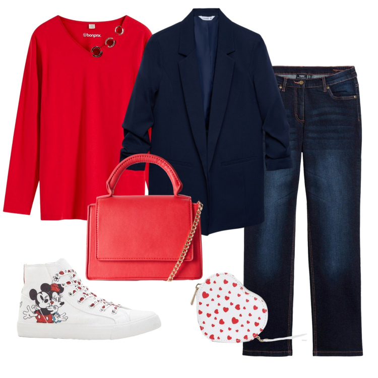 Outfit donna - Rosso di sera bel tempo si spera.... Stile Casual per Tutti i giorni. Abbinamento con sneakers alte, jeans dritti, maglieria, portafogli, borse a tracolla, blazer.