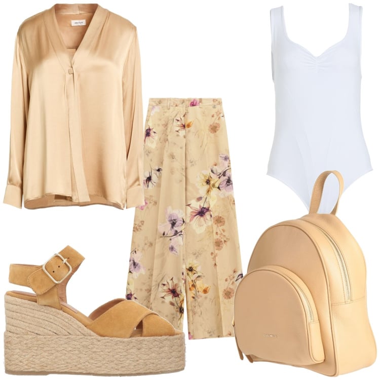 Outfit donna - Pomeriggio. Stile Casual chic per Tutti i giorni. Abbinamento con camicie, zaini, body, espadrillas, pantaloni a palazzo.