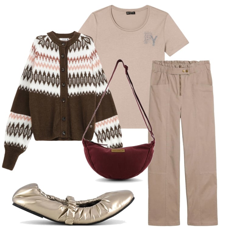 Outfit donna - Total look #2361362. Stile Casual chic per Tutti i giorni. Abbinamento con pantaloni cargo, t-shirt, cardigans, ballerine, borse a tracolla.