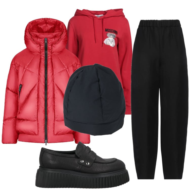Outfit donna - Total look #2361371. Stile Casual per Tutti i giorni. Abbinamento con cappelli, pantaloni, felpe con cappuccio, mocassini, piumini.