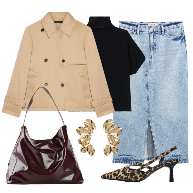 Outfit donna - in ufficio ci vado con stile. Stile Basic per Ufficio. Abbinamento con gonne longuette, shopping bag, décolleté, maglieria, trench, orecchini.