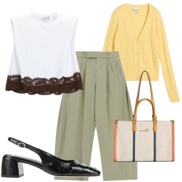 Outfit donna - Total look #2361378. Stile Bon Ton per Tutti i giorni. Abbinamento con décolleté, cardigans, borse tote, pantaloni a palazzo, top.