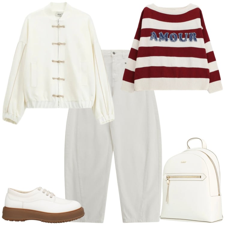 Outfit donna - Trendy ufficio tempo libero. Stile Trendy per Tutti i giorni. Abbinamento con zaini, scarpe stringate, jeans, bomber, maglieria.