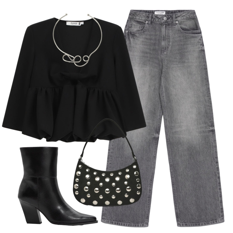 Outfit donna - compleanno di sera. Stile Glamour per Serata fuori. Abbinamento con stivaletti, jeans, borse a tracolla, collane, top.