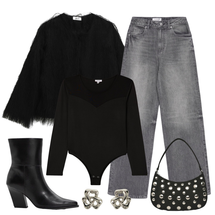 Outfit donna - pelliccia ecopelle nera. Stile Basic per Serata fuori. Abbinamento con stivaletti, body, jeans, borse a tracolla, blazer, orecchini.