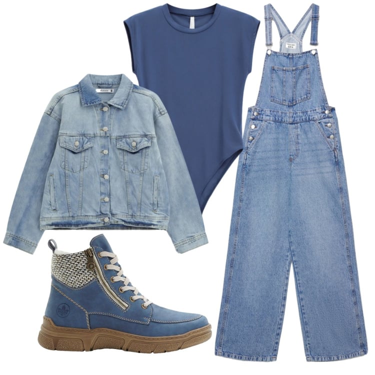 Outfit donna - Total look #2361404. Stile Casual per Scuola/Università. Abbinamento con stivaletti, t-shirt, salopette, blazer.