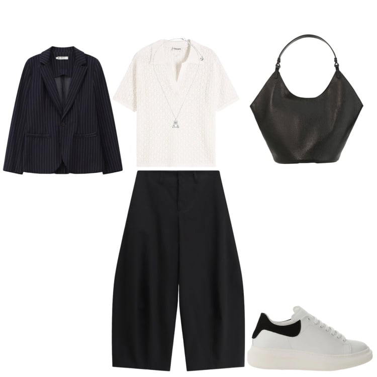 Outfit donna - Everyday. Stile Minimal per Ufficio. Abbinamento con polo, sneakers, borse a spalla, ciondoli, pantaloni a palazzo, blazer.