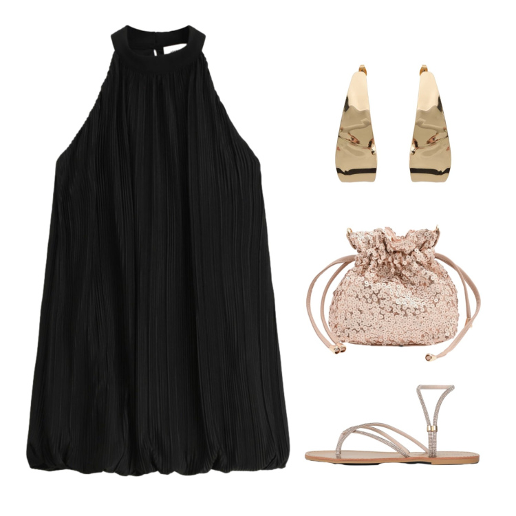 Outfit donna - mini dress nero. Stile Glamour per Serata fuori. Abbinamento con sandali, vestiti corti, orecchini, pochette.