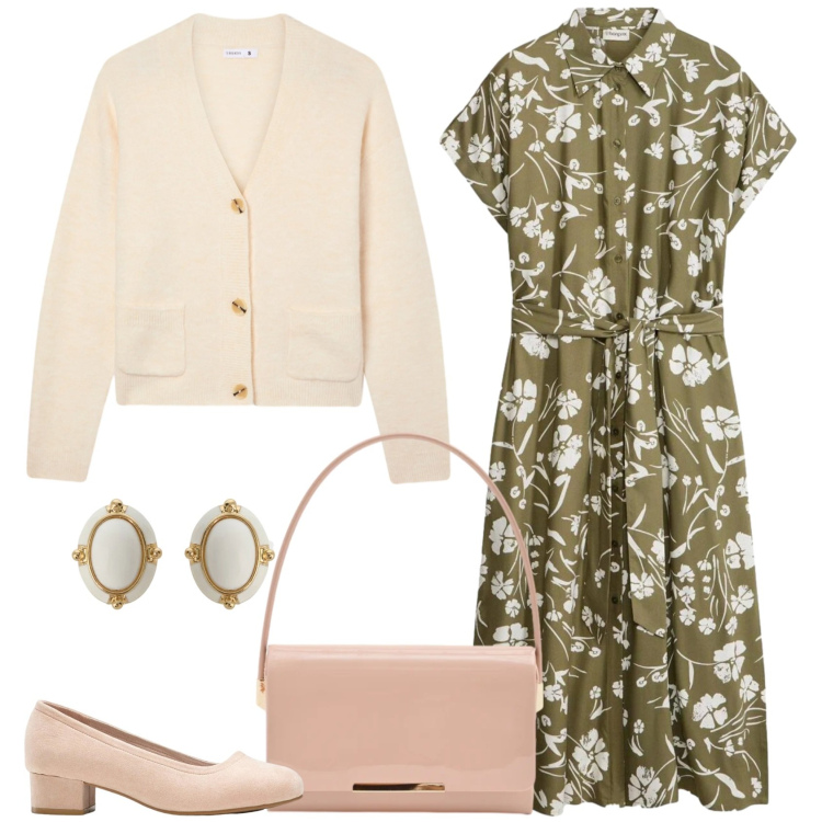 Outfit donna - Signorina. Stile Romantica per Tutti i giorni. Abbinamento con décolleté, vestiti, cardigans, orecchini, pochette.