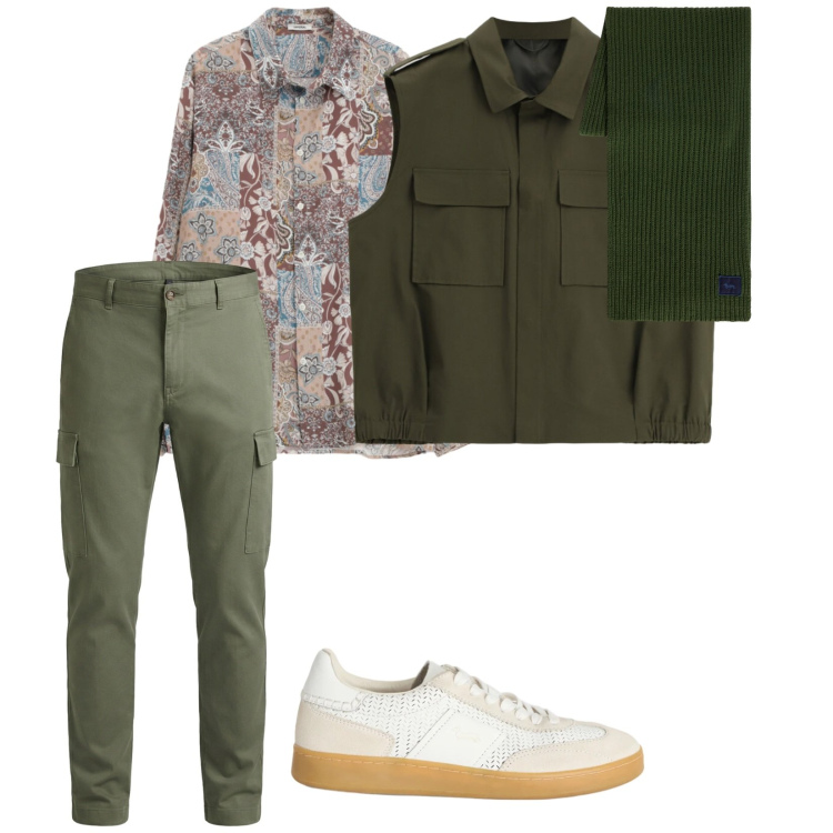 Outfit uomo - Serate di primavera. per Serata speciale. Abbinamento con pantaloni cargo, sneakers, sciarpe, camicie, gilet.