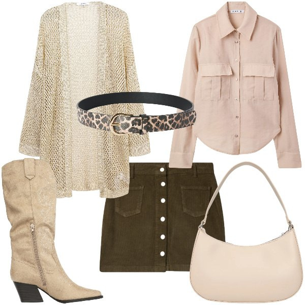 Outfit donna - Total look #2361425. Abbinamento con kimono, camicie, cinture, minigonne, stivali, borse a tracolla.