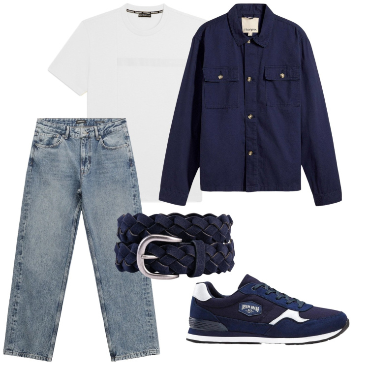 Outfit uomo - Mezza stagione. per Tutti i giorni. Abbinamento con sneakers, giacche, jeans dritti, t-shirt, cinture.