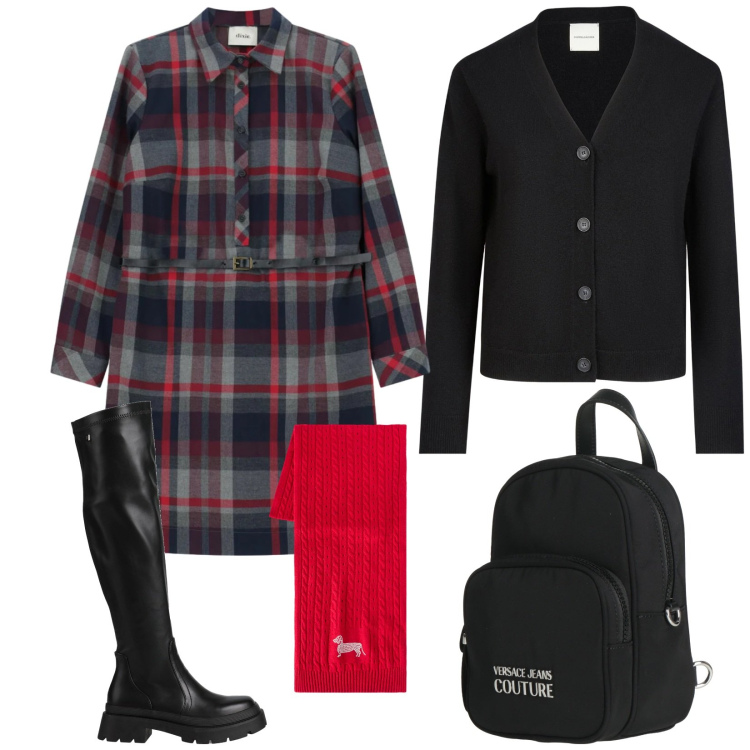 Outfit donna - Il vestito a quadri. Stile Trendy per Tutti i giorni. Abbinamento con zaini, stivali, sciarpe, vestiti corti, cardigans.