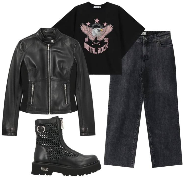 Outfit donna - Total look #2361437. Stile Rock per Tutti i giorni. Abbinamento con stivaletti, jeans dritti, t-shirt, giacche.