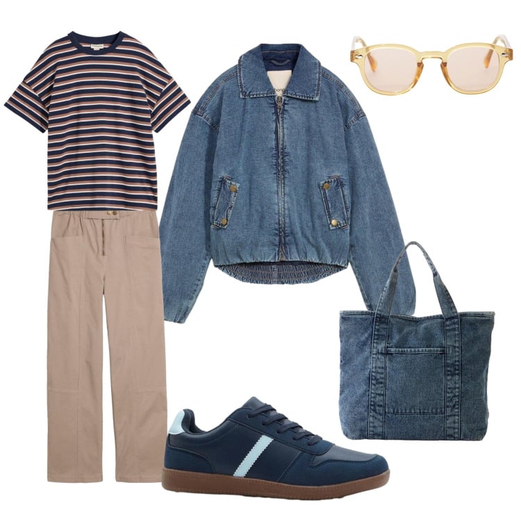 Outfit donna - Bomber di jeans. Stile Casual per Tutti i giorni. Abbinamento con t-shirt, sneakers, blazer, pantaloni cargo, shopping bag, occhiali da sole.