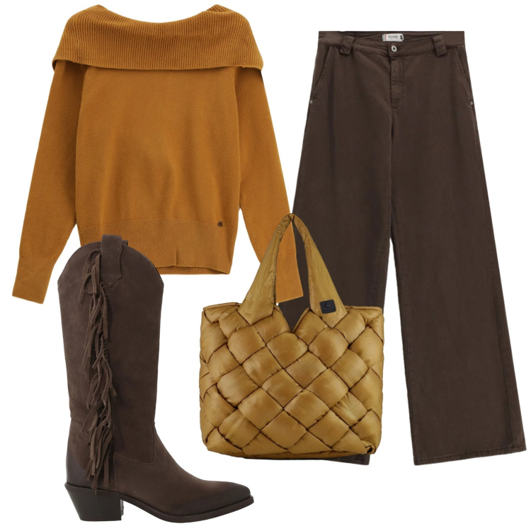 Outfit donna - Total look #2361444. Stile Basic per Ufficio. Abbinamento con stivali, maglieria, pantaloni a palazzo, borse tote.