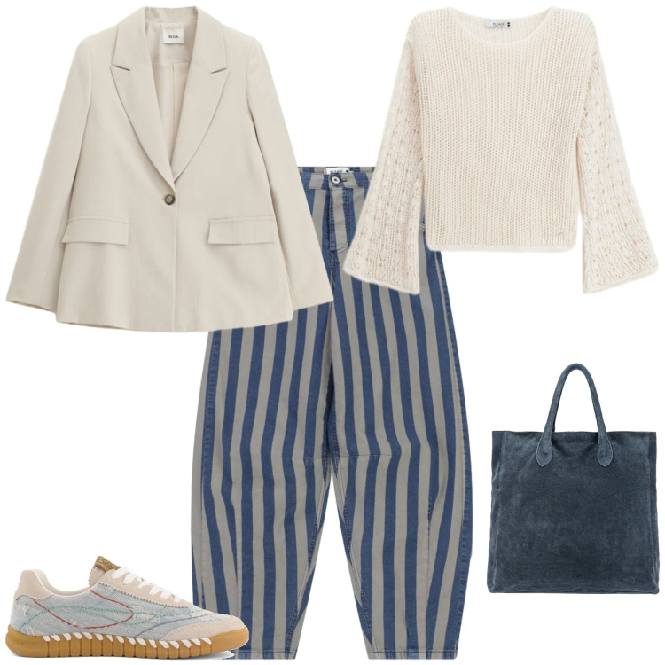 Outfit donna - Urban ufficio tempo libero. Stile Urban per Tutti i giorni. Abbinamento con blazer, maglieria, pantaloni a palazzo, borse a mano, sneakers.