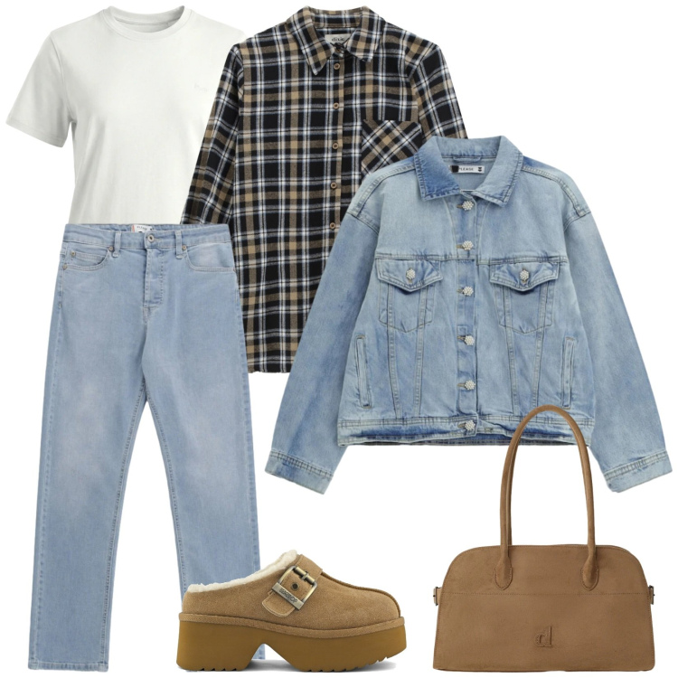 Outfit donna - Denim quotidiano. Stile Casual per Tutti i giorni. Abbinamento con t-shirt, cappotti, camicie, jeans, blazer, sabot.