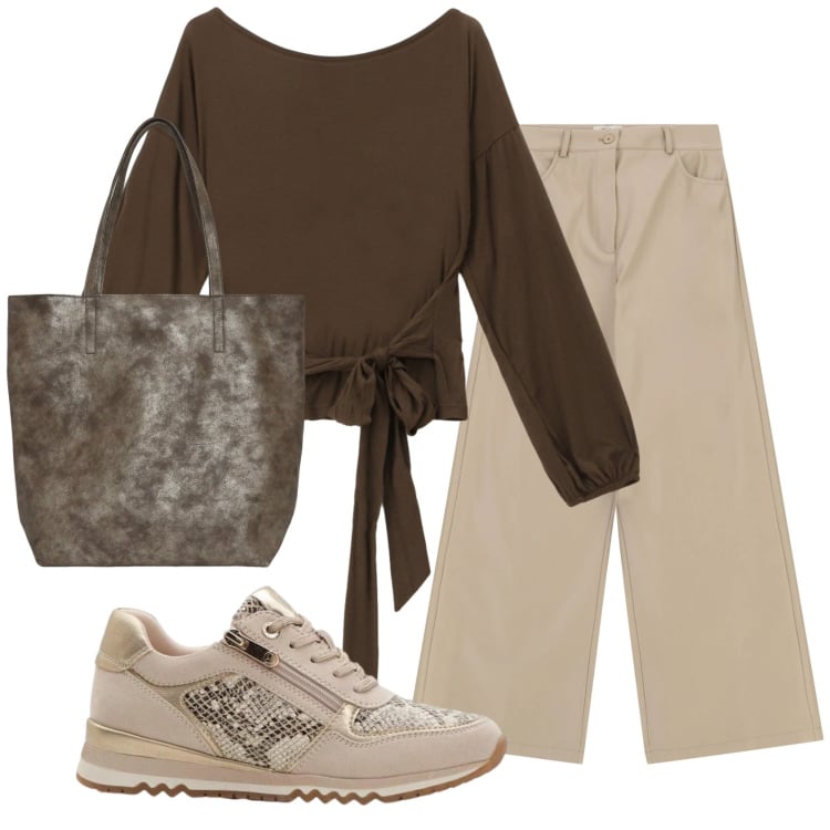 Outfit donna - Total look #2361454. Stile Basic per Ufficio. Abbinamento con sneakers, shopping bag, top, pantaloni a palazzo.