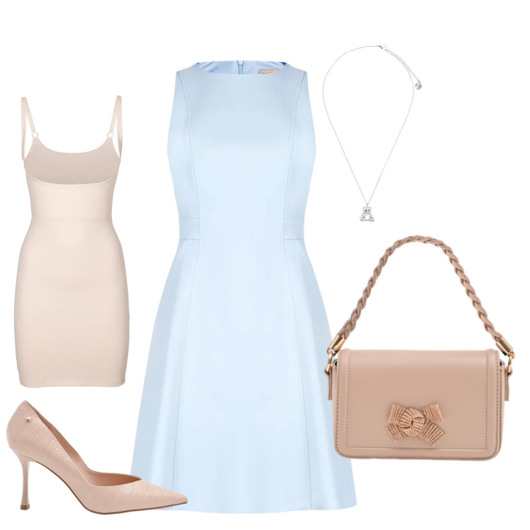 Outfit donna - Sky Blue & Nude Elegance. Stile Romantica per Cerimonia. Abbinamento con sottovesti, ciondoli, vestiti corti, pochette, décolleté.