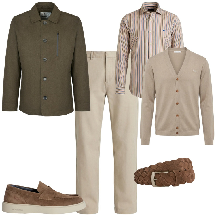 Outfit uomo - Trendy ufficio tempo libero. Stile Trendy per Tutti i giorni. Abbinamento con camicie, scarpe stringate, cinture, pantaloni cargo, cardigans, cappotti.