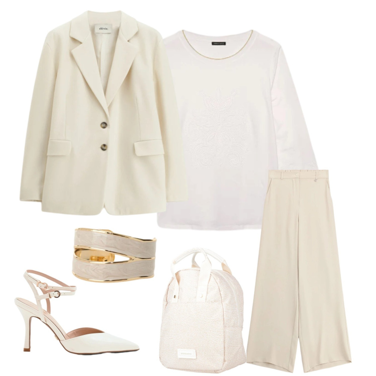 Outfit donna - Ivory Serenity & Gold Details. Stile Glamour per Cerimonia. Abbinamento con zaini, t-shirt, pantaloni a palazzo, blazer, anelli, décolleté.