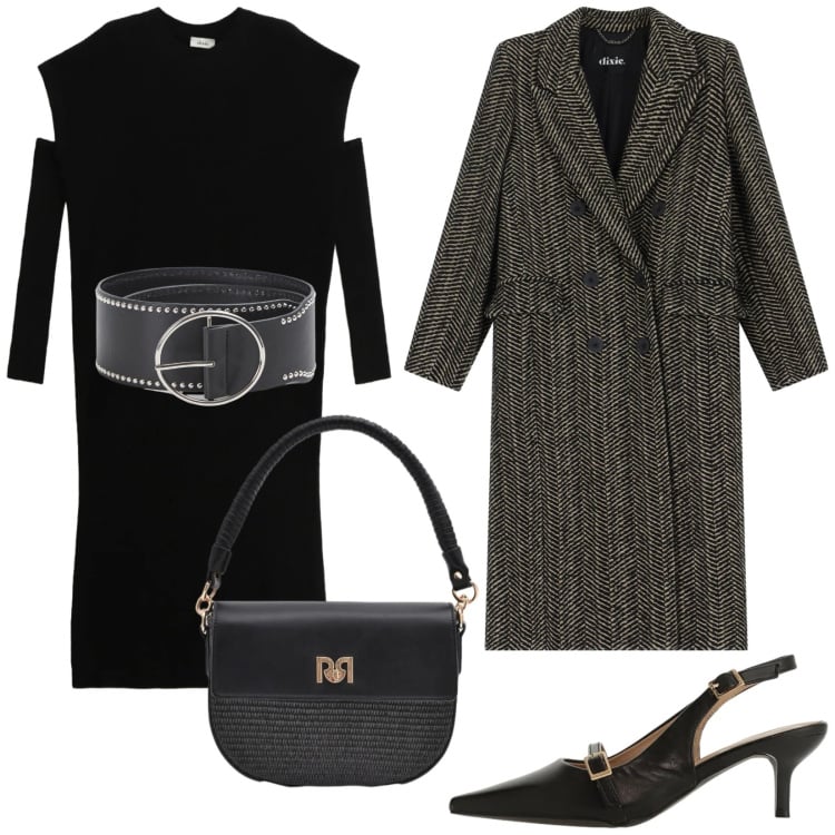 Outfit donna - Milano di sera. Stile Trendy per Serata fuori. Abbinamento con cinture, sandali col tacco, cappotti, vestiti midi/longuette, borse a spalla.