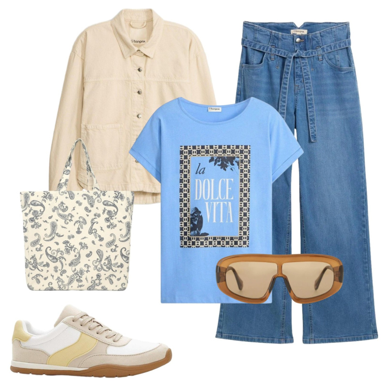 Outfit donna - Passeggiando. Stile Casual per Tutti i giorni. Abbinamento con jeans, t-shirt, cappotti, sneakers, shopping bag, occhiali da sole.