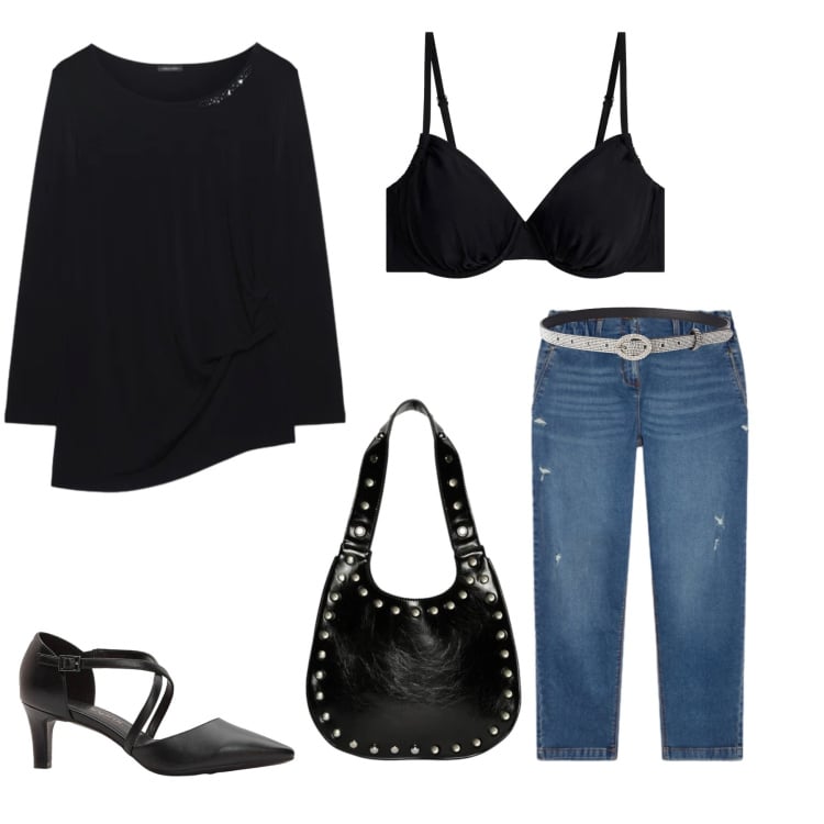 Outfit donna - Midnight Denim Sparkle. Stile Glamour per Tutti i giorni. Abbinamento con décolleté, reggiseni, cinture, jeans strappati, borse a spalla, bluse.