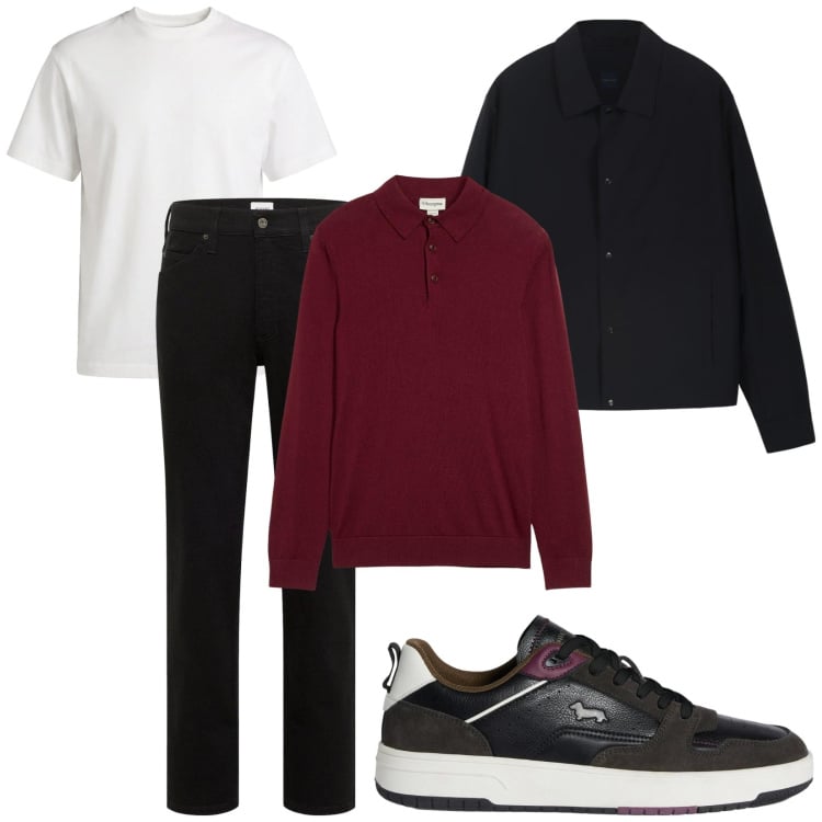 Outfit uomo - Al pub a strati. Stile Casual per Serata speciale. Abbinamento con jeans dritti, maglieria, sneakers, t-shirt, cappotti.