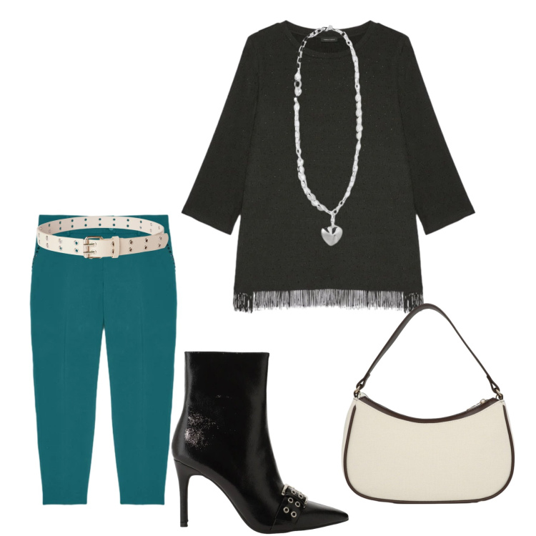 Outfit donna - Urban Teal & Sparkle Night. Stile Casual chic per Tutti i giorni. Abbinamento con cinture, borse a tracolla, stivaletti, collane, pantaloni chino, bluse.