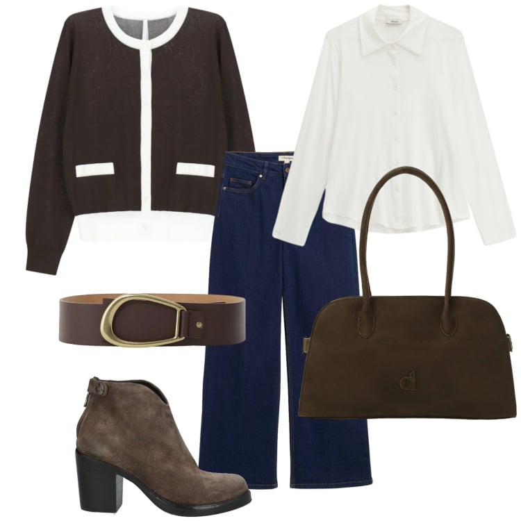 Outfit donna - Al lavoro in jeans. Stile Casual per Ufficio. Abbinamento con stivaletti, jeans dritti, cardigans, camicie, cinture, cappotti.