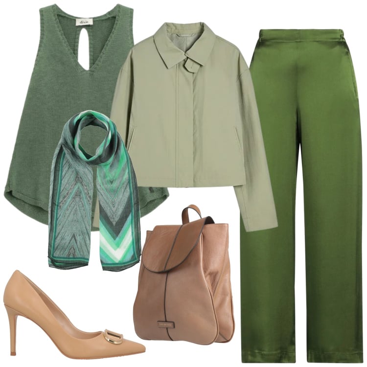 Outfit donna - Green total look. Stile Basic per Tutti i giorni. Abbinamento con pantaloni, sciarpe, décolleté, zaini, top, bomber.