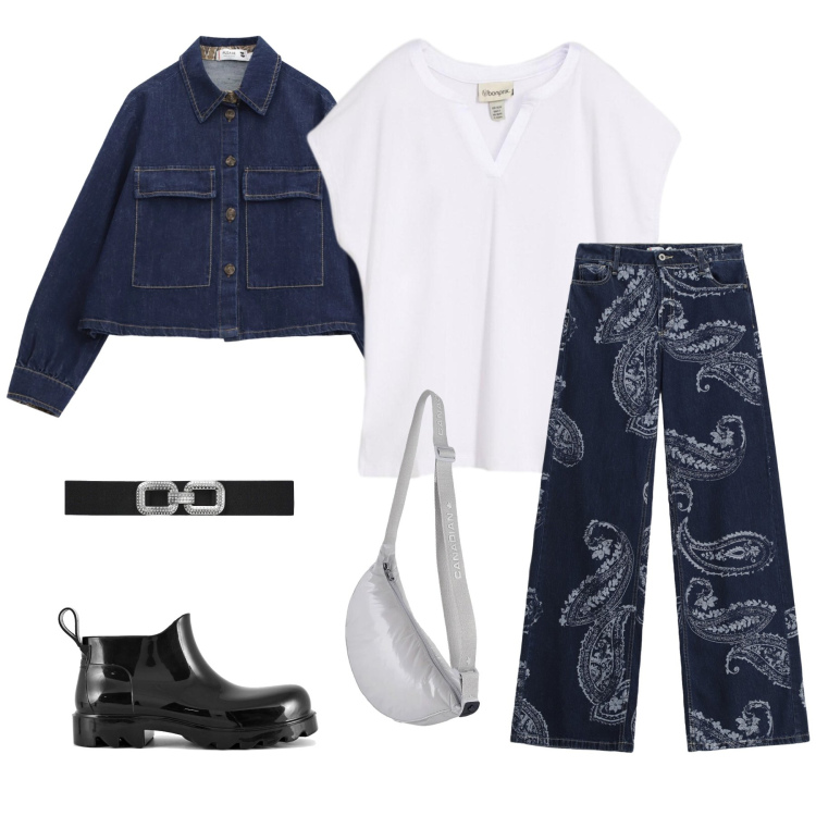 Outfit donna - Total look #2361483. Stile Casual chic per Tutti i giorni. Abbinamento con bluse, cinture, jeans, blazer, borse a tracolla, stivali.