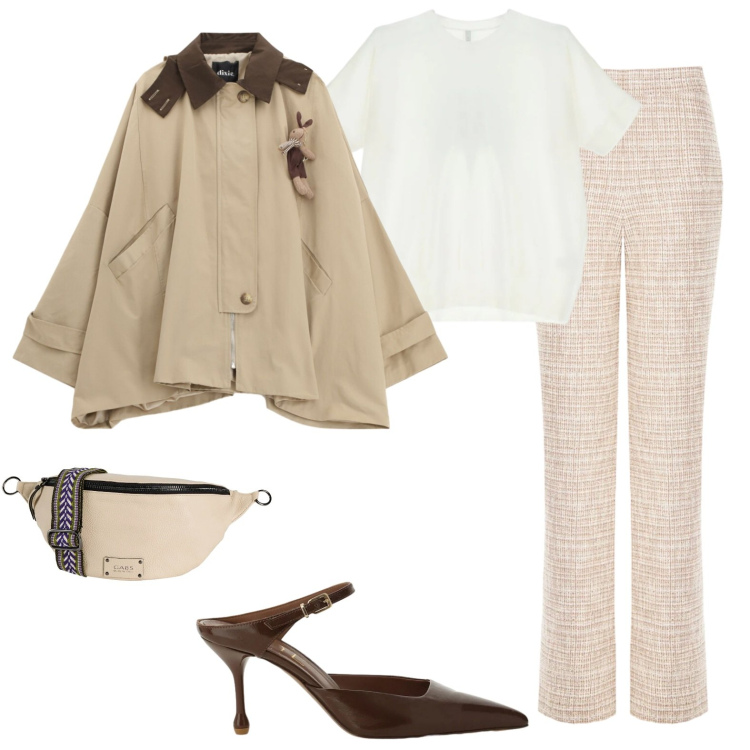 Outfit donna - Trench. Stile Casual chic per Ufficio. Abbinamento con marsupi, t-shirt, cappotti, décolleté, pantaloni a palazzo.